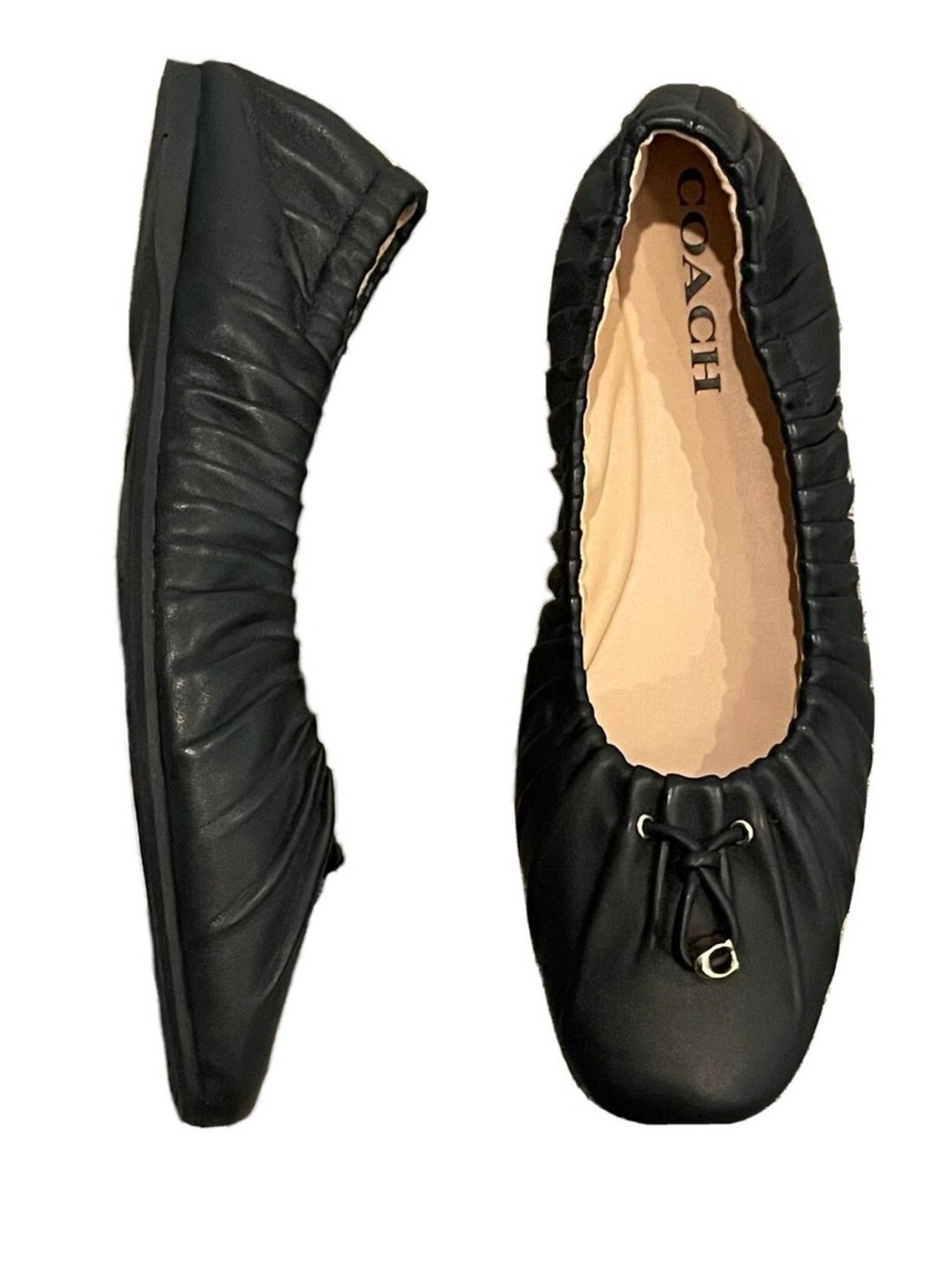 Coach Black Leather Ruched Ballet Flats with Bow Accent